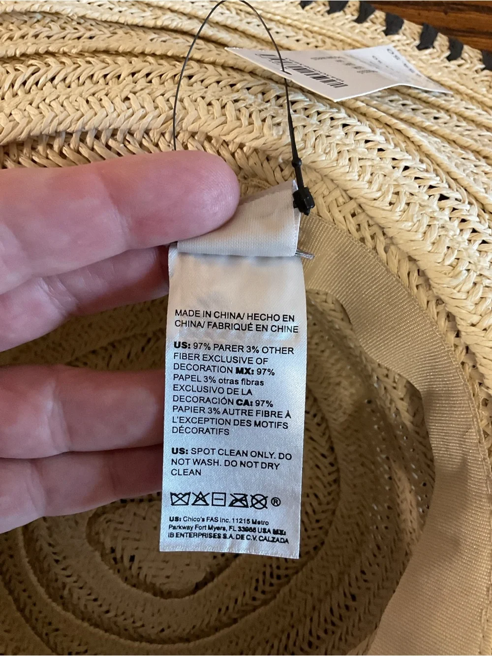 Chico’s Straw Sun Hat Cowrie Shell Trim Black Whipstitch Wide Brim Beach Resort